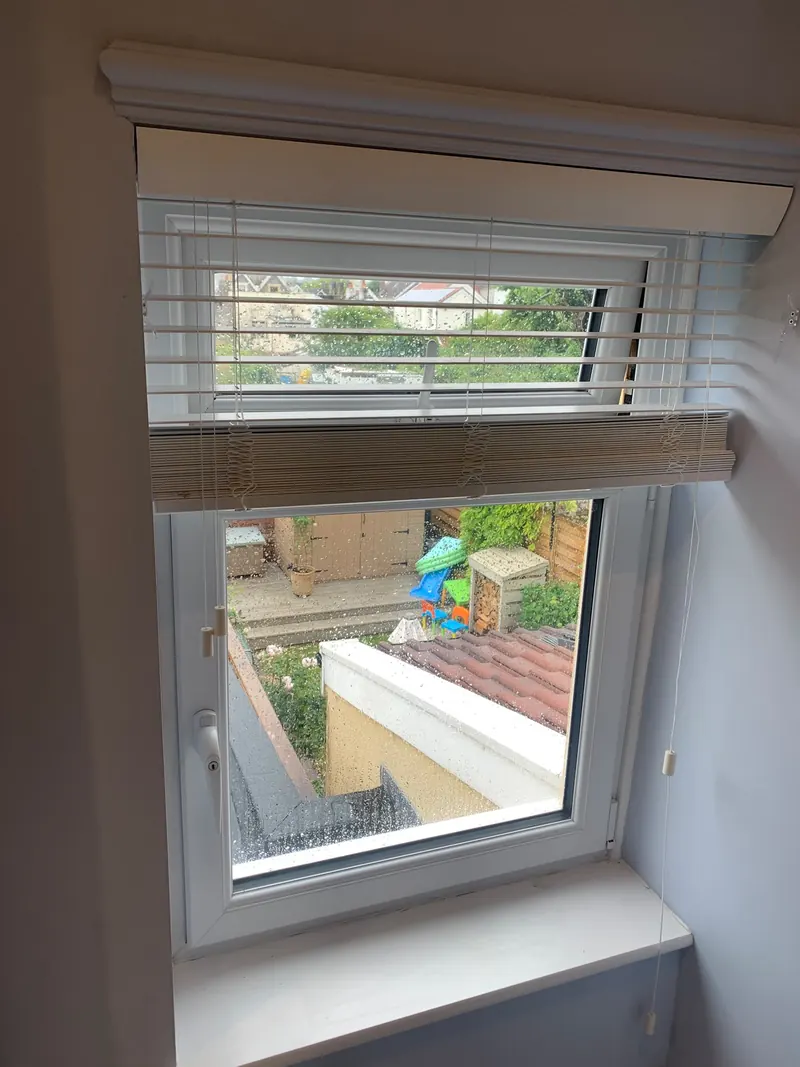A white venetian blind under a moulded pelmet, raised above a window onto the garden